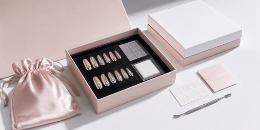 Press-on nail kit with adhesive tabs prep pad and satin pouch