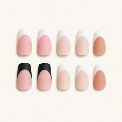 Mixed matte French press-on nails on ivory background
