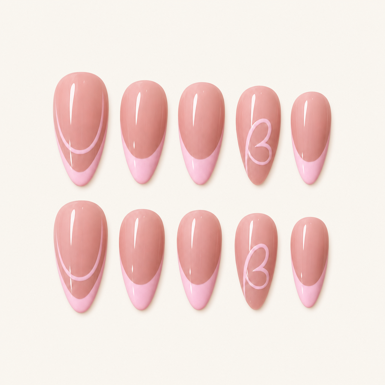 Pink heart French press-on nails on ivory background